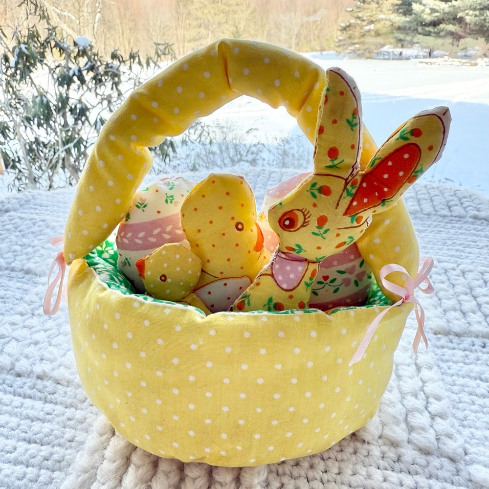 Vintage Handmade Fabric Plush Easter Basket with Bunny, chick and eggs